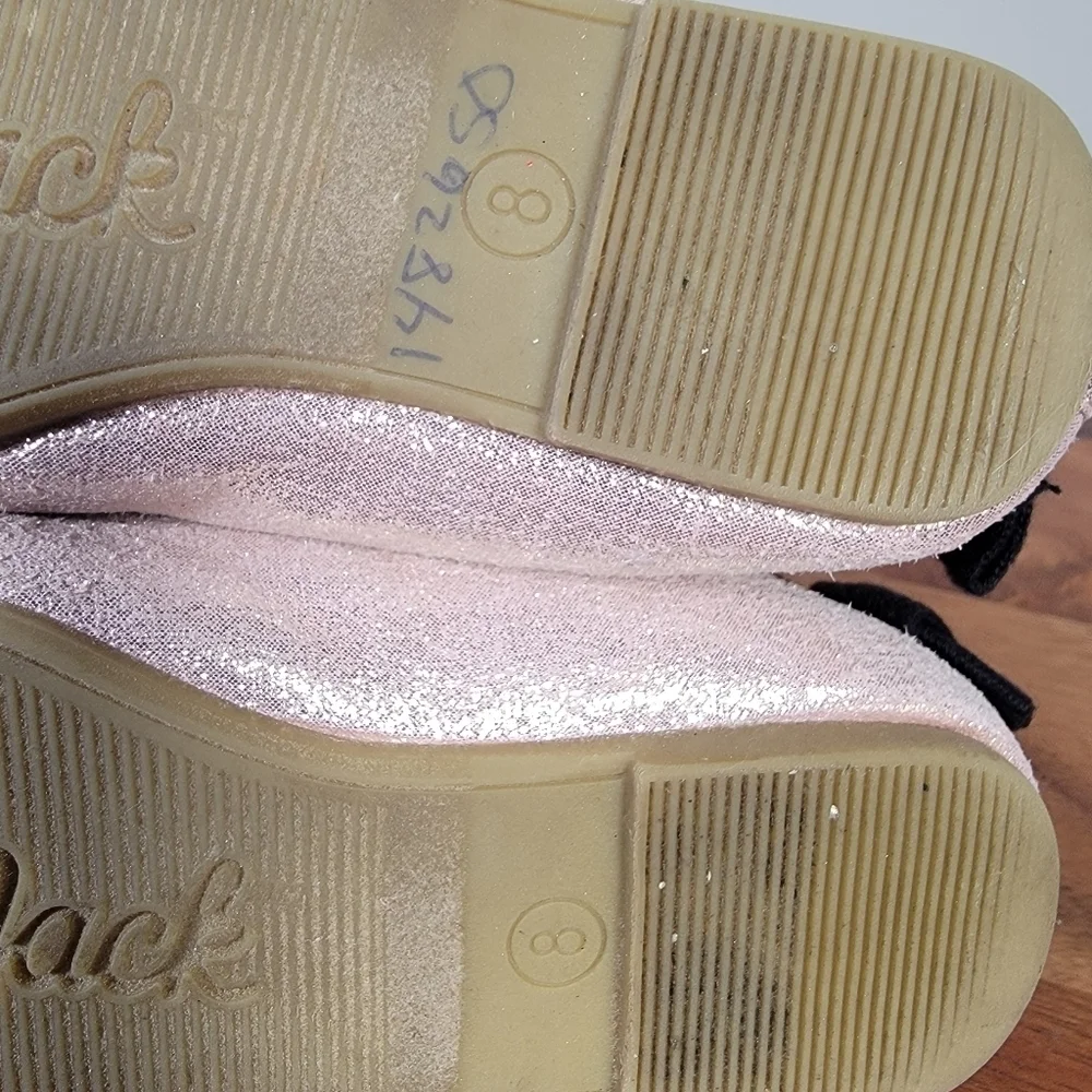 Cat & Jack Pink Shimmer Ballet Flats Girls Size 8 Criss Cross Top Back Bow